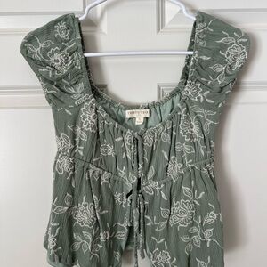 Sage Green Floral Crop Top with Tie Front
